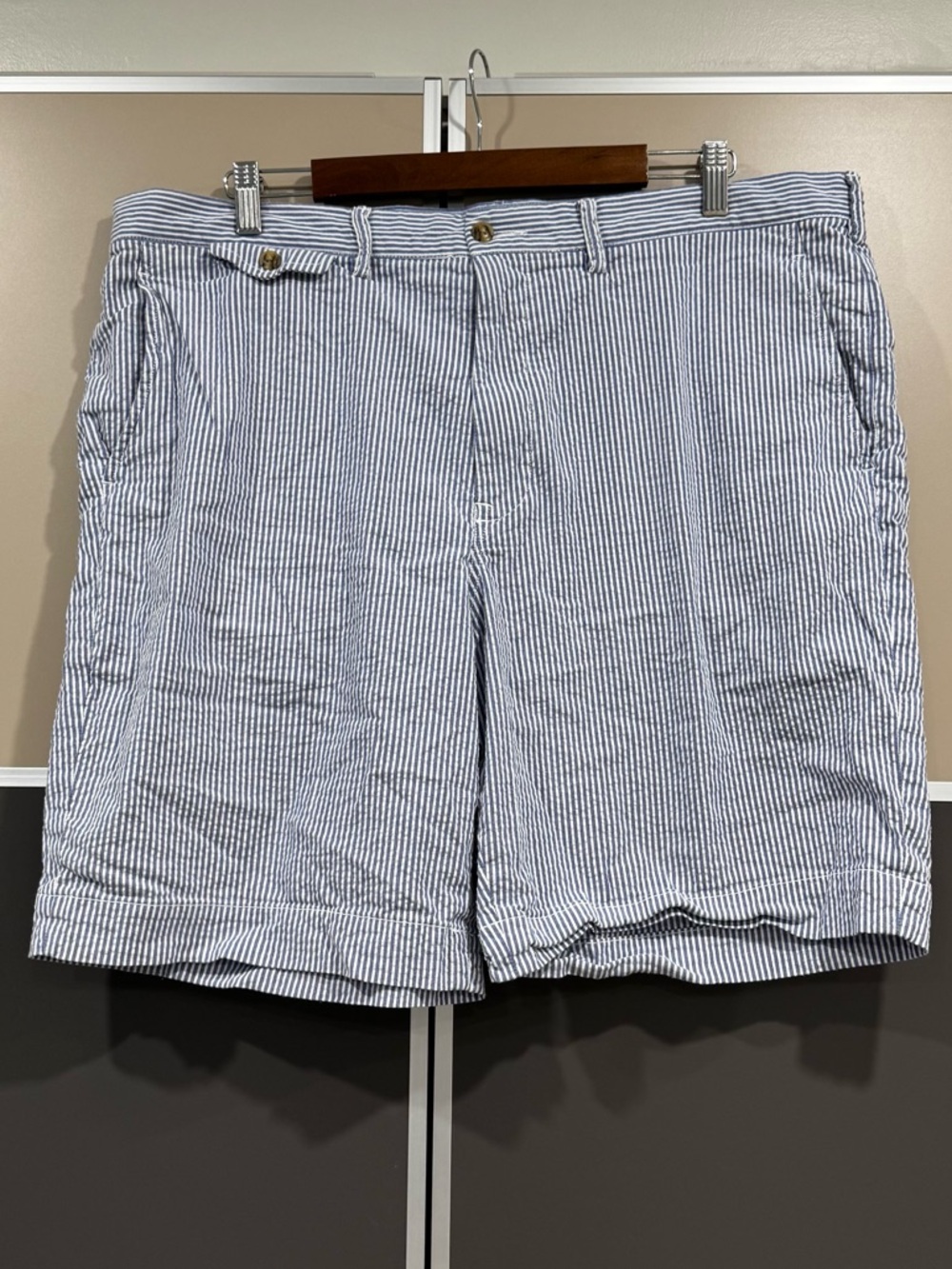 POLO Ralph Lauren Men Classic Fit Stretch Seersucker Blue Stripe Chino Shorts 38